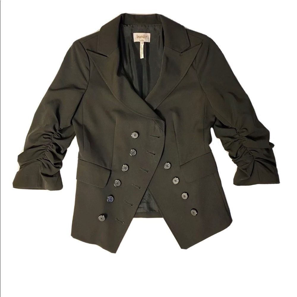 Laundry by Shelli Segal Asymmetrical Blazer Black Ruched Sleeve Military Jacket